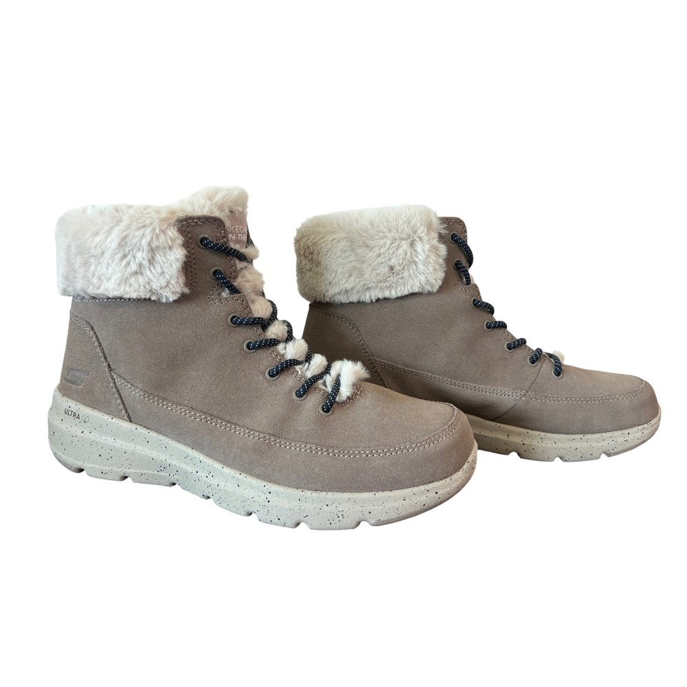 Skechers On-The-Go Joy‎ Bundle Up Suede Faux Fur Boots Dark Taupe  Womens 7